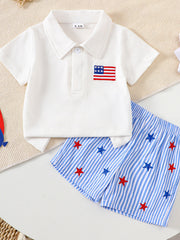 Baby patriotic outfit set with embroidered US flag polo shirt and striped star shorts