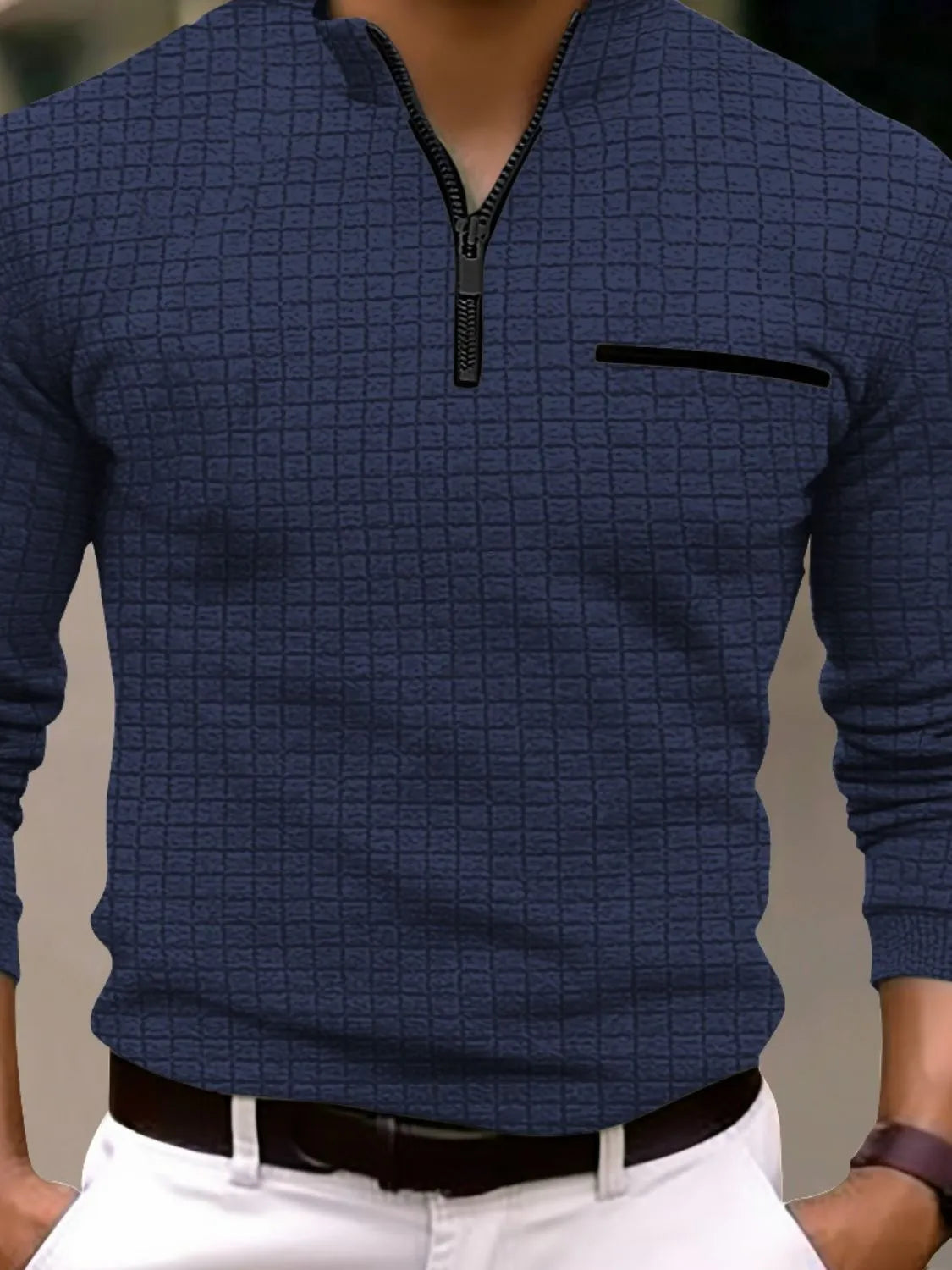 Navy textured zip-neck polo with contrast black pocket