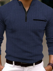 Navy textured zip-neck polo with contrast black pocket