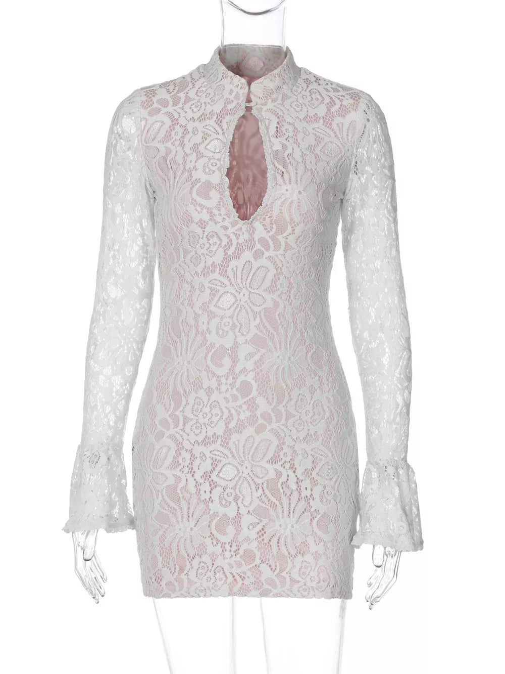 White lace cutout mini dress with flared sleeves and mock neck