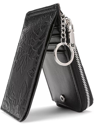 Black floral embossed bifold coin purse with chain and keyring detail.