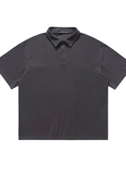 Dark Gray cotton blend polo shirt with buttoned placket and classic collar.