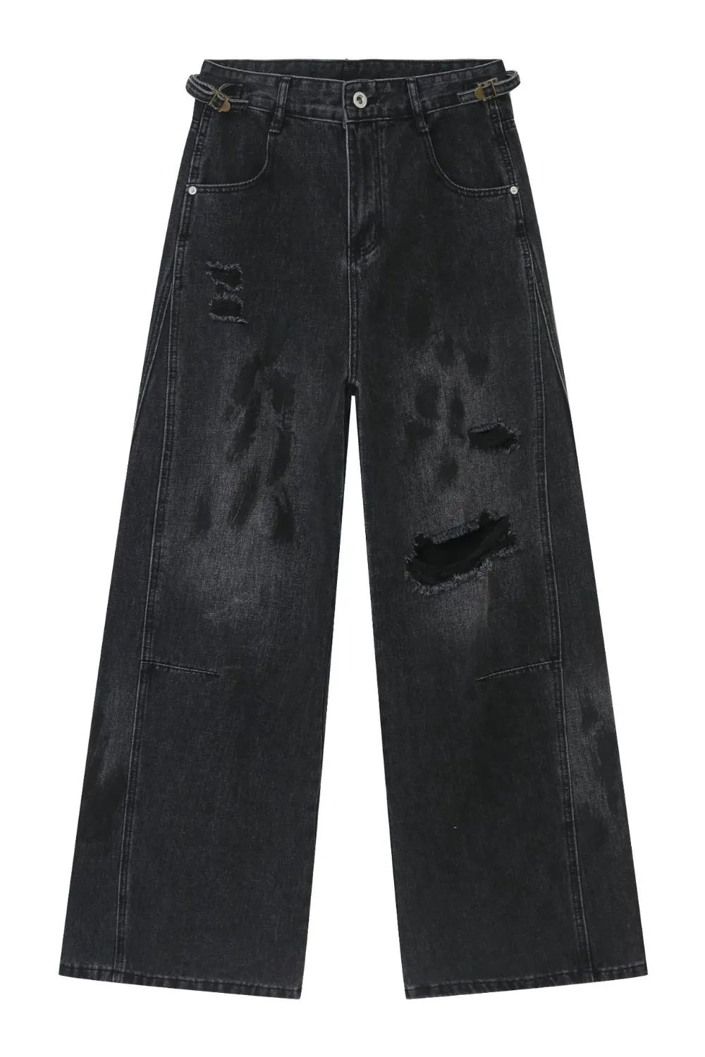 Dark wash relaxed fit denim jeans with distressed details and a buckle belt.