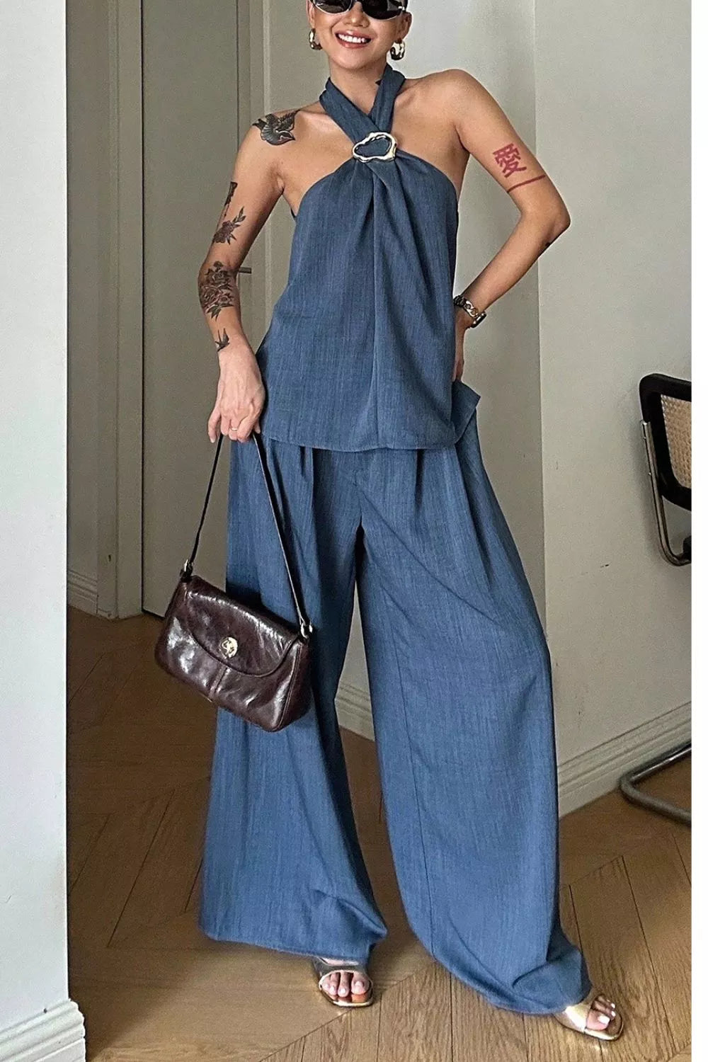 Halter Neck Top And Wide-leg Pants Set in Dusty Blue, close-up detail