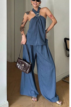 Halter Neck Top And Wide-leg Pants Set in Dusty Blue, close-up detail