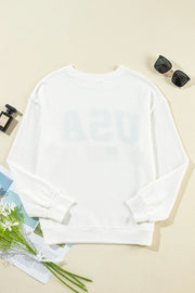 White ribbed knit sweatshirt with USA graphic detail and crew neck.