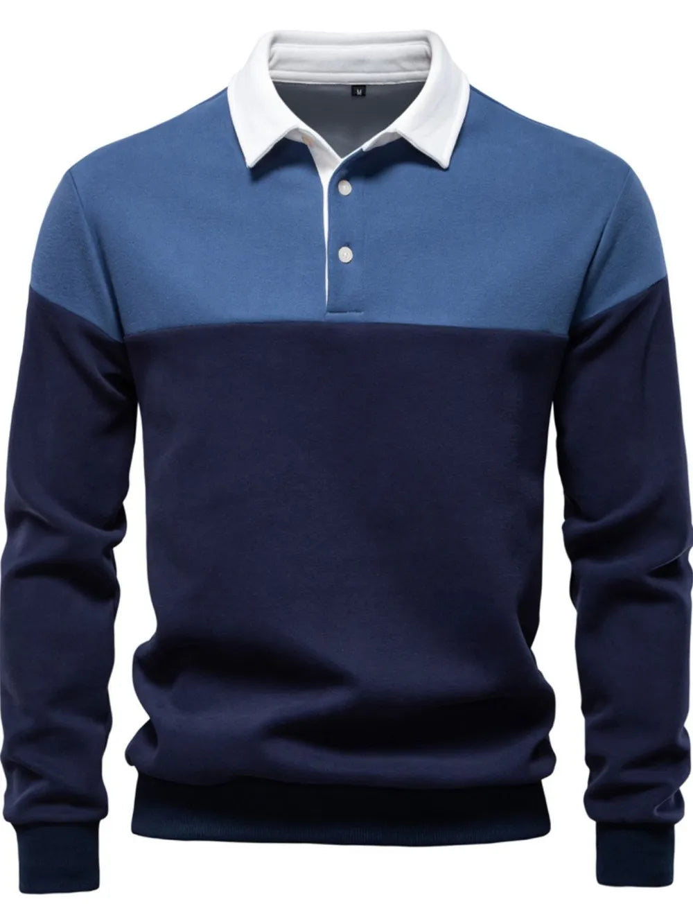 Colorblock rugby shirt with contrast white collar and two button placket.