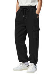 Black textured waffle knit joggers with drawstring waist and cargo pocket.