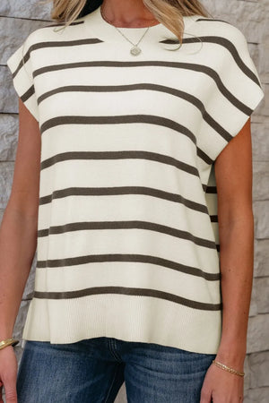 Striped knit cap-sleeve top with slit hem, crew neck, and relaxed fit.