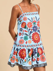 Light blue floral print mini dress with square neckline and tiered hem
