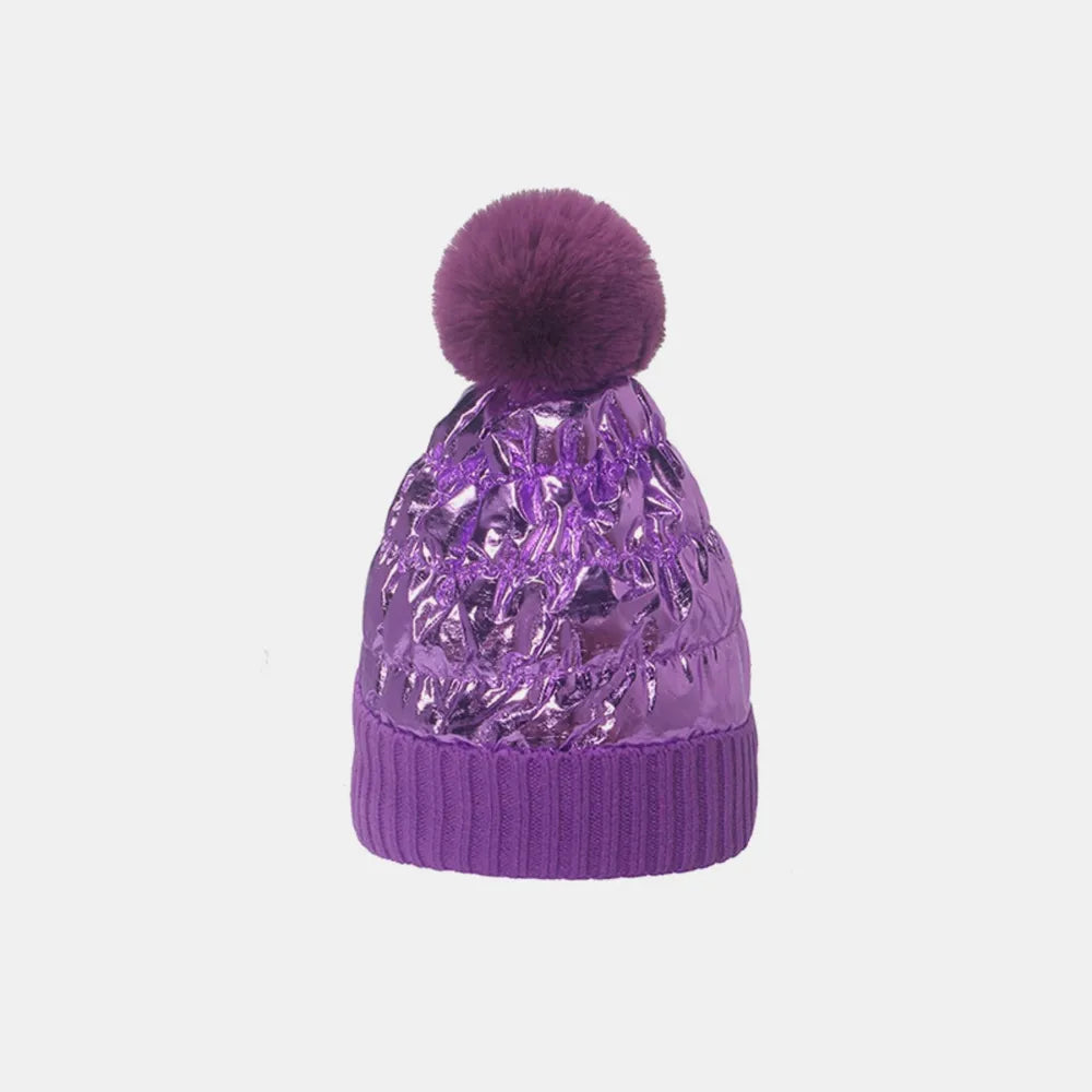 Purple metallic padded beanie with faux fur pom and ribbed cuff
