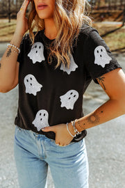 Black crew neck t-shirt with glitter ghost motif