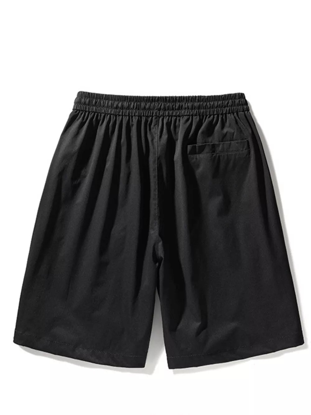 Black men's cargo shorts with elastic drawstring waist and back pocket.