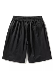 Black men's cargo shorts with elastic drawstring waist and back pocket.