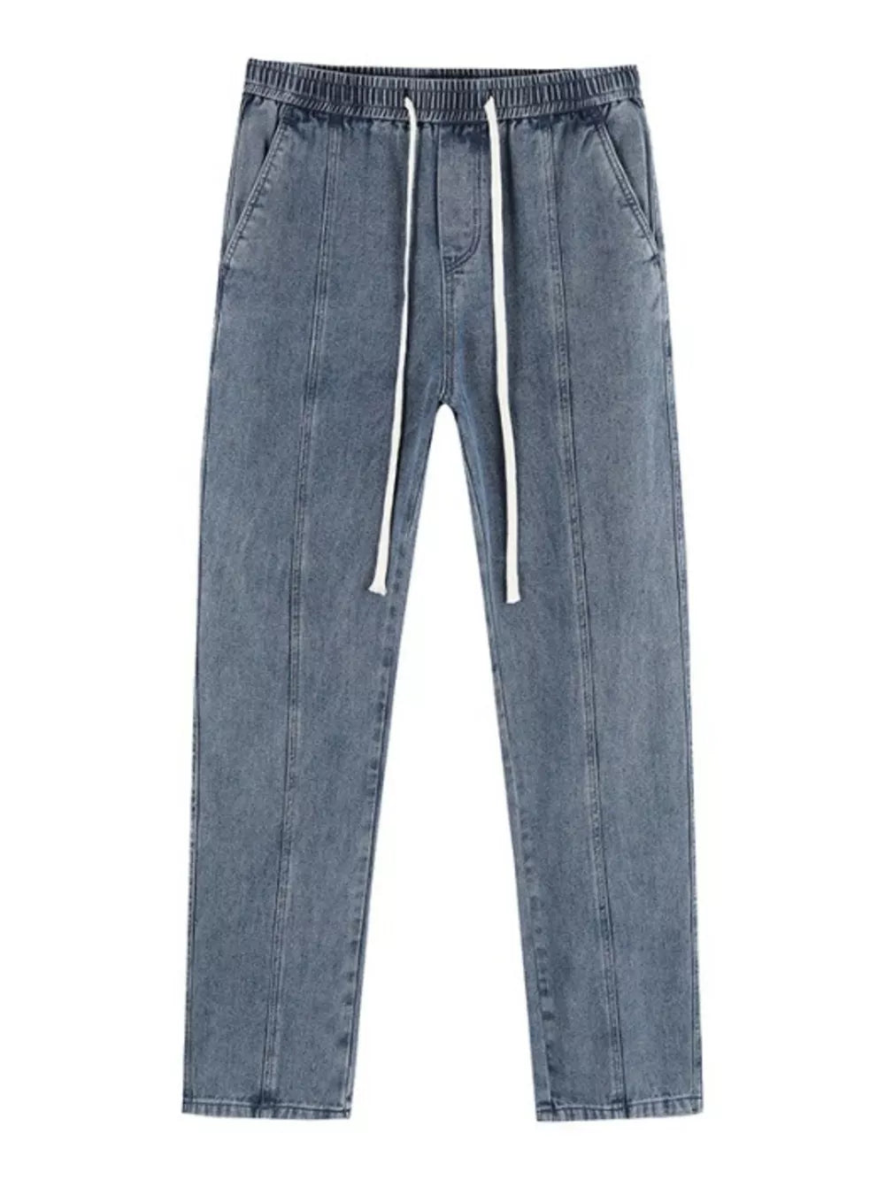 Air Force Blue relaxed fit jeans with drawstring and front seams.