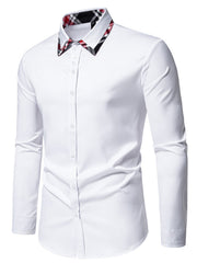 Men's white cotton slim fit shirt with plaid trim collar and button front.