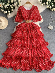 Red polka dot tiered ruffle dress with puff sleeves and belt