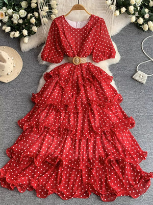 Red polka dot tiered ruffle dress with puff sleeves and belt