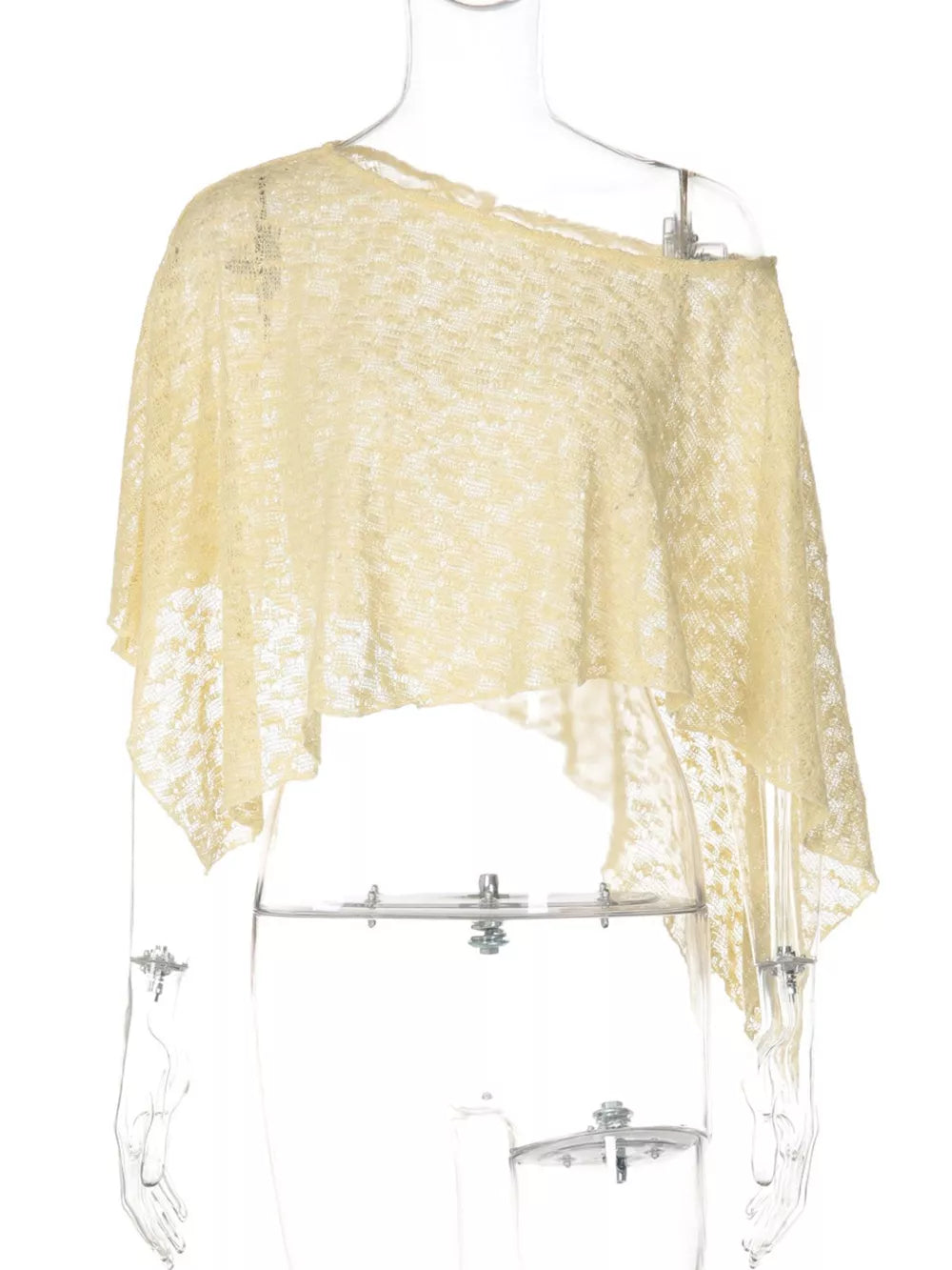 Sheer yellow one-shoulder cropped cardigan with a loose knit and asymmetric hem.