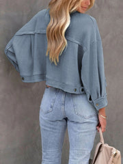 Dusty blue waffle knit cropped utility jacket with button details