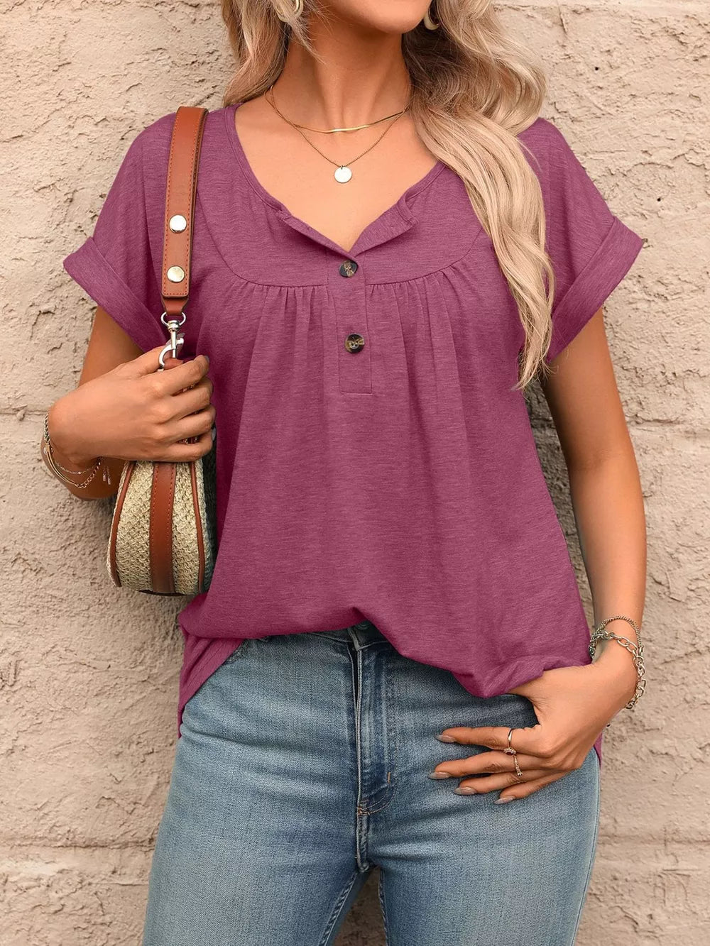 Burgundy relaxed fit maternity henley t-shirt with button detail and cuffed sleeves