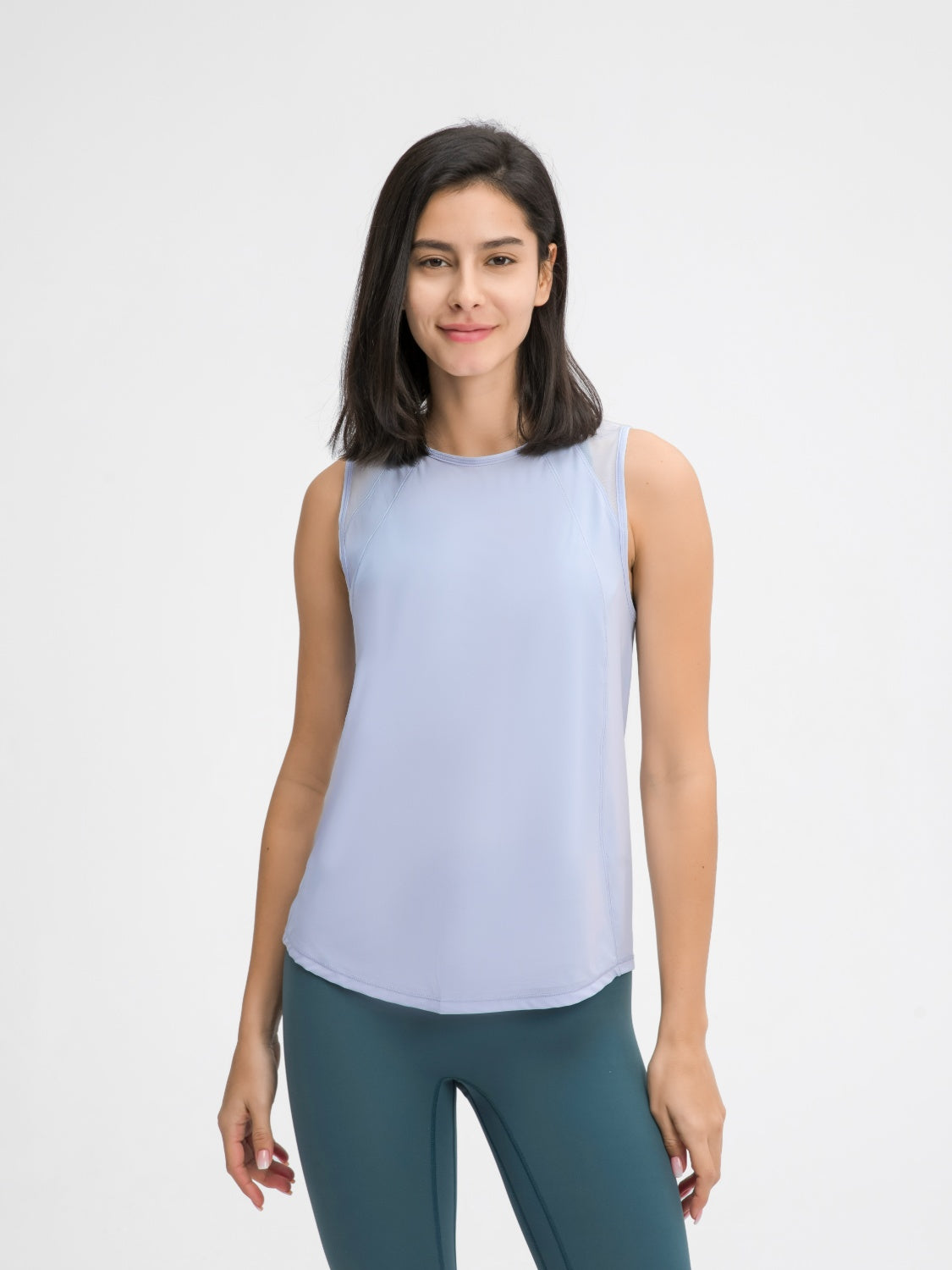Light Blue mesh-back performance tank top with crew neck and sleeveless design.