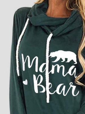 Dark green cowl neck hoodie with white Mama Bear graphic and drawstring detail.