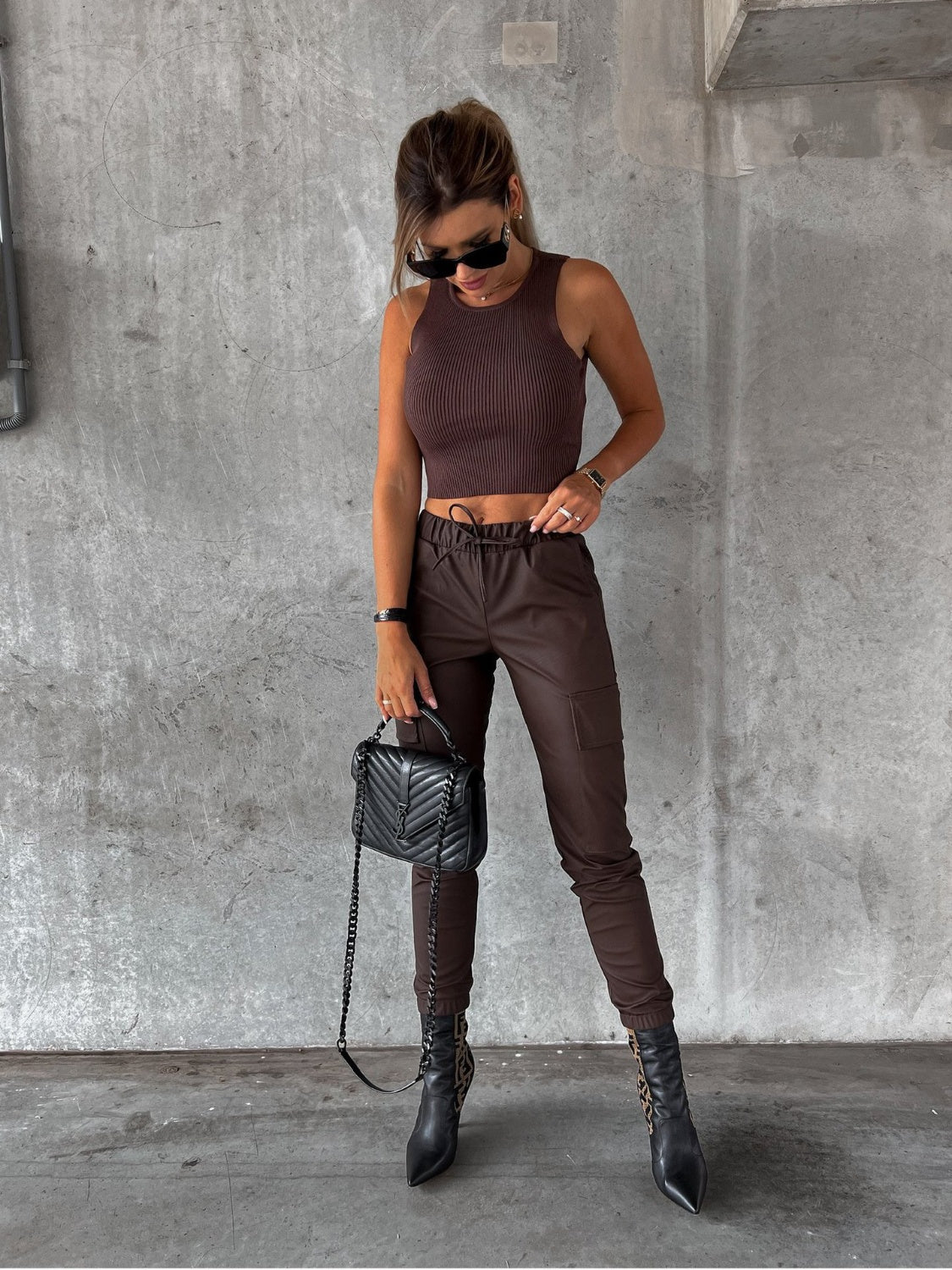 Chocolate cargo joggers with elasticated waist and drawstring detail