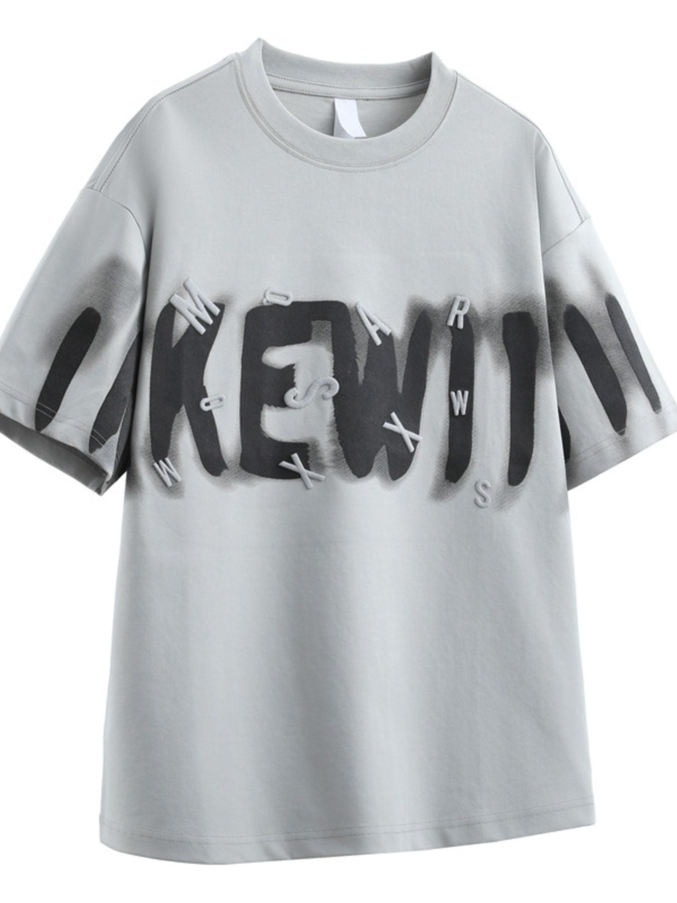 Men's oversized Dusty Gray graphic t-shirt with 3D letter print and spray paint effect.