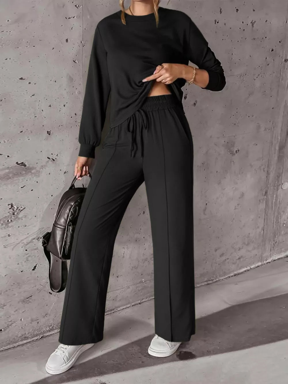 Black long sleeve top and wide leg pants pajama set with drawstring waist