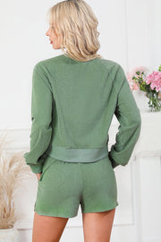 Gum Leaf raglan short set with crewneck sweatshirt and elastic waist shorts.
