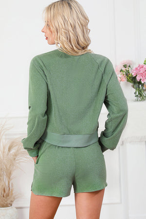 Gum Leaf raglan short set with crewneck sweatshirt and elastic waist shorts.
