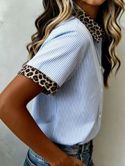 Blue striped button-down shirt with leopard print collar and cuffs