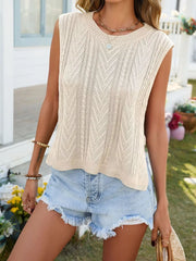 Apricot chevron knit sleeveless sweater vest with a relaxed fit and crew neck.