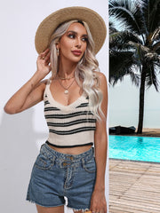 Striped knit tank top with square neck in tan and black, acrylic material.