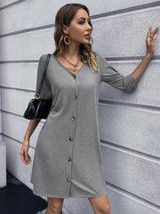 Light gray button-down mini dress with V-neck and 3/4 sleeves