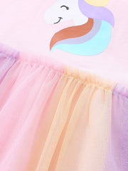 Pink unicorn graphic cotton dress with rainbow tulle skirt detail.