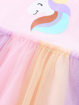 Pink unicorn graphic cotton dress with rainbow tulle skirt detail.