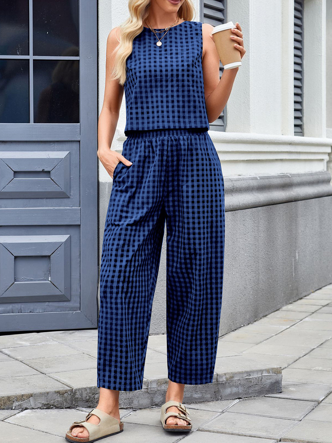 Royal blue gingham cropped tank and tapered trouser set with round neckline and elastic waist.