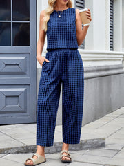 Royal blue gingham cropped tank and tapered trouser set with round neckline and elastic waist.