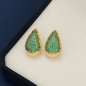 Pave teardrop stud earrings with gold base and green stones