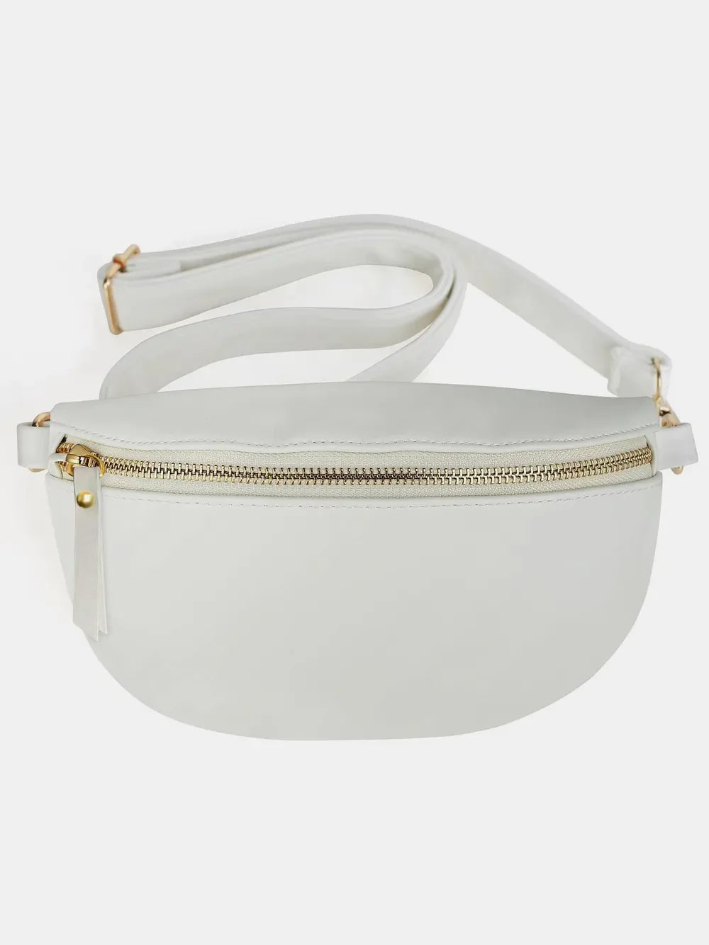 White faux leather curved zip belt bag with gold hardware and adjustable strap.