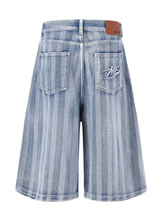 Men's Stripe Wide Leg Denim Capris in Blue, close-up detail