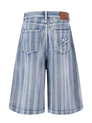 Men's Stripe Wide Leg Denim Capris in Blue, close-up detail