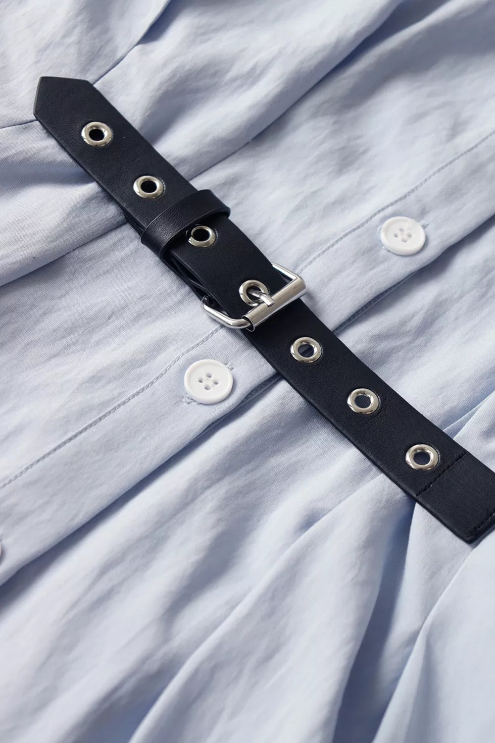 Button Up Short Sleeve Shirt Dress in Light Blue, fit detail