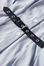 Button Up Short Sleeve Shirt Dress in Light Blue, fit detail