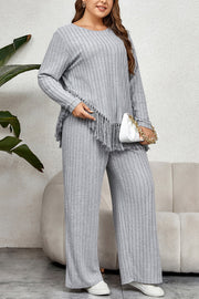 Ribbed lounge set in grey with fringe hem detail and wide leg pants.