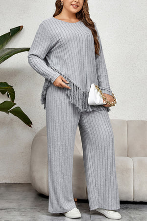 Ribbed lounge set in grey with fringe hem detail and wide leg pants.