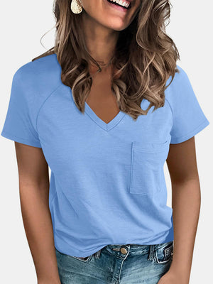 Light blue V-neck t-shirt with short raglan sleeves and a chest pocket.