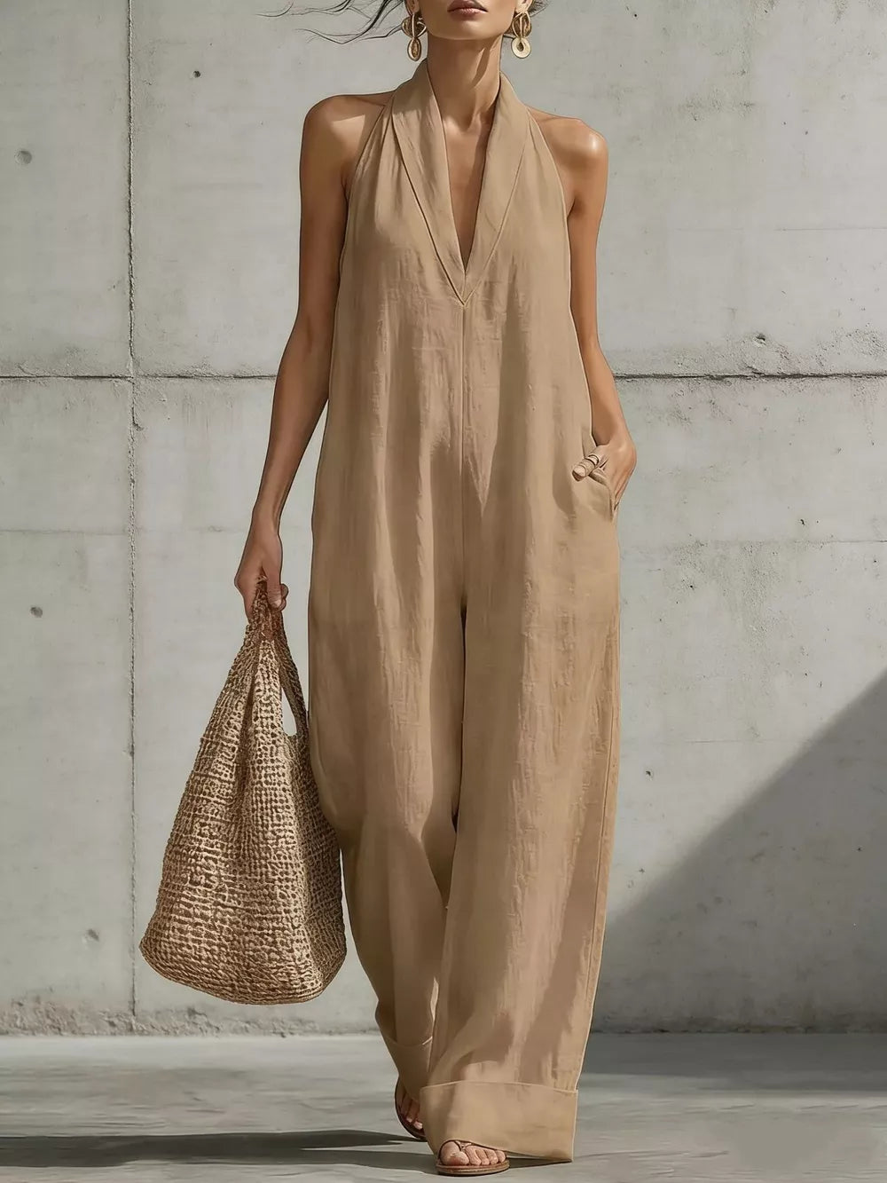 Full Size Halter Neck Wide-leg Jumpsuit Plus Size, fit detail